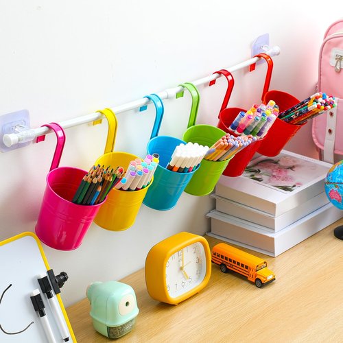 Fullhawl 6 Pcs Pencil Holder Crayon Organizer for Classroom Metal Iron Wall Crayon Organizer Hanging Art Storage Buckets with Retractable Pole Bucket Planter for Classroom Back to School Supplies