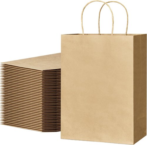 ECOEXTRA Brown Paper Gift Bags - 100 Pcs Medium Kraft Bags with Handles | 8x4.5x10.8 Inch for Parties & Retail
