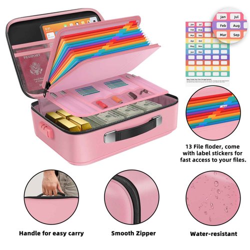 Fireproof Document Box Hard Case With Lock, Multi-Layer Fire Proof Water Resistant Safe Box File Organizer Bag With Small Money Bag for Important Documents Passport Certificates Laptop (Pink)