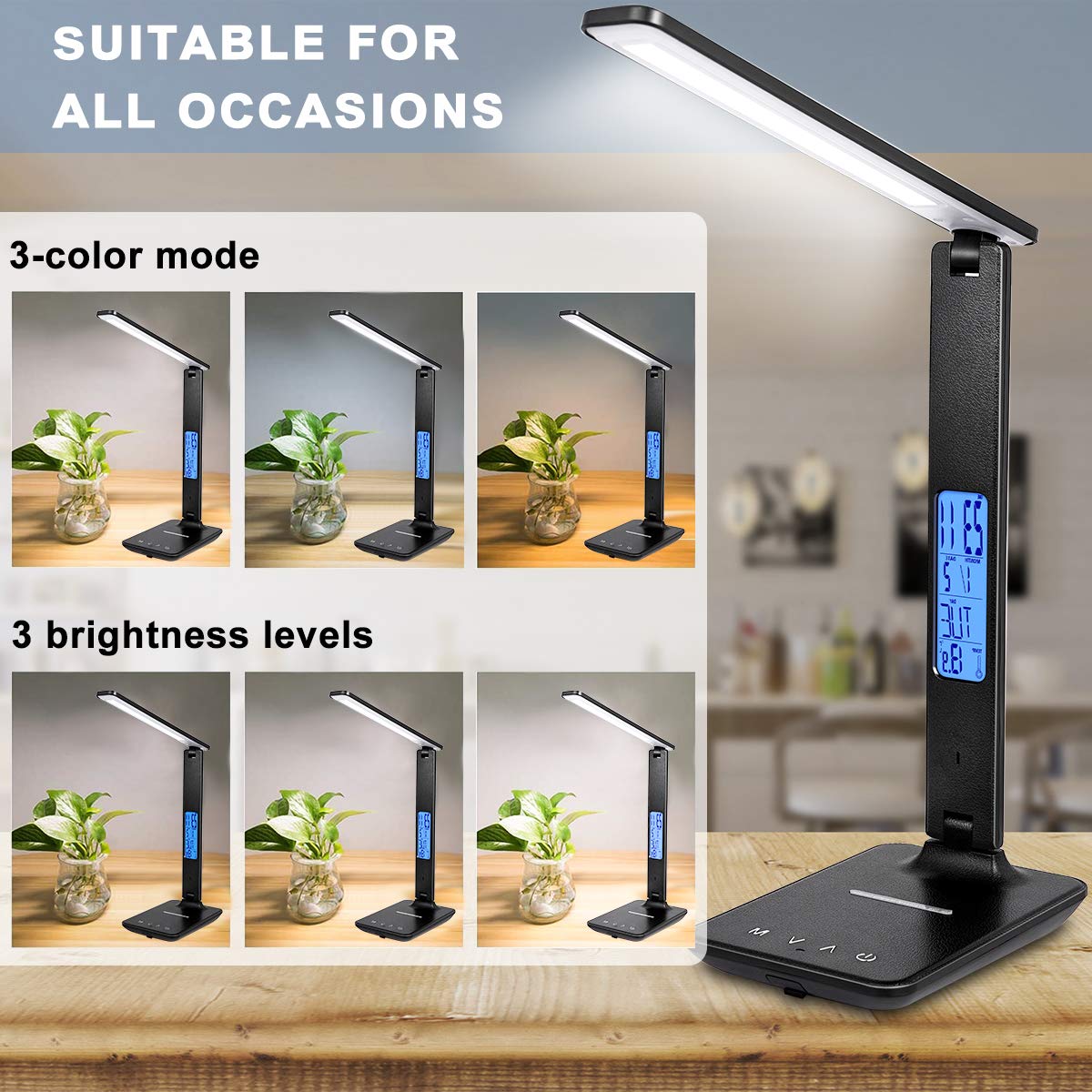 XIZDDL LED Desk Lamp with Wireless Charger, Suitable for Home, Office Dimmable, with USB Charging Port, Built-in Clock, Calendar, Thermometer and Automatic Timing Reading Desk Lamp.