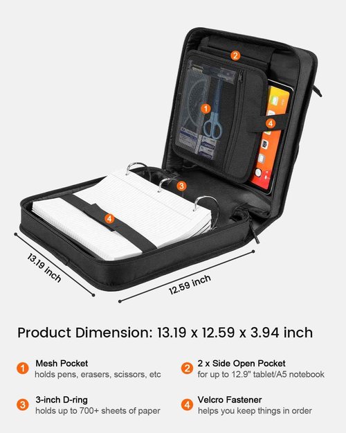 Banero 3" D-Ring Zipper Binder with 700+ Sheets Capacity, 3-Ring Zip Up Binder with Shoulder Strap for School, College, Office, Compatible with 13" MacBook & 12.9" Tablet (Black)