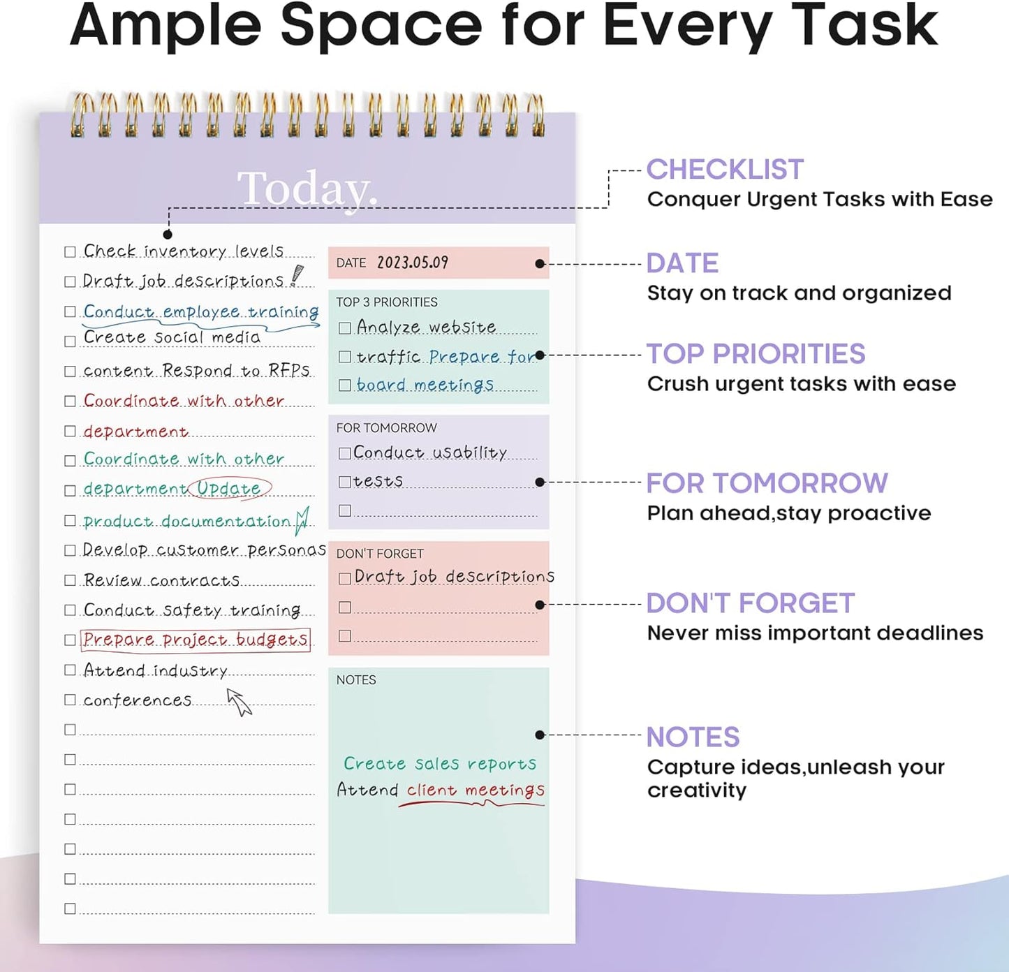 Taja To Do List Notepad - Undated Daily Planner with 52 Sheets | 9.8" x 6.5" for Work & Home - Violet Dream