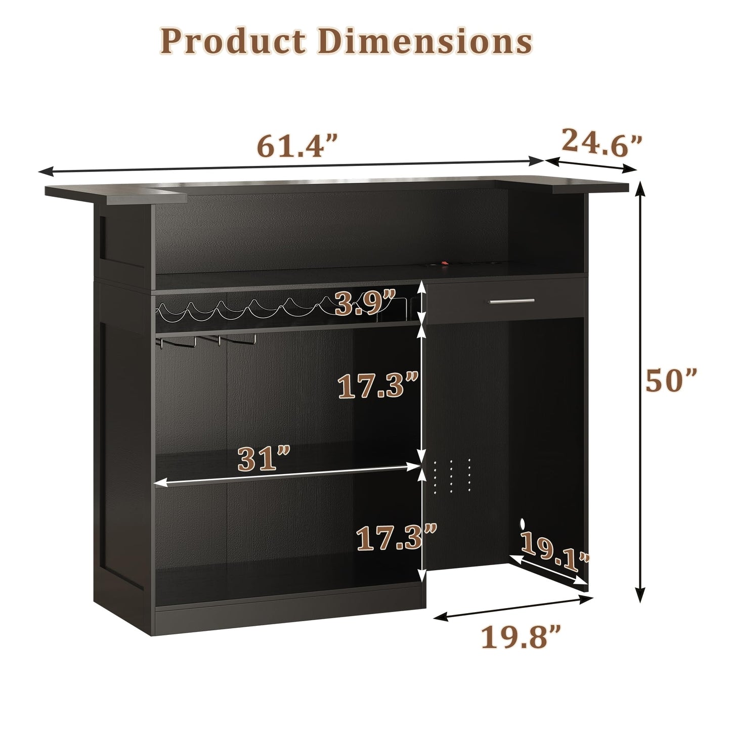 Lurinthal Home Bar Unit with Mini Fridge Space, Liquor Bar Cabinets with Storage Shelves, Drawer, Wine Glasses Holder, Mini Fridge Cabinet with Storage, Basement Bar for Home, Living Room