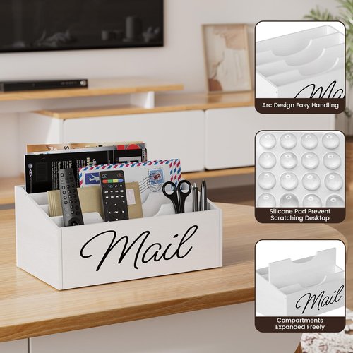 Vecxoty Wooden Mail Organizer Countertop Mail Holder for Desk with 4 Slots,Rustic Mail Basket for Counter with Anti-Slip Pad Mail Sorter Letter Holder Box for Desk Home Office（White）