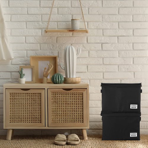 Lincia 8 Pack Comic Book Storage Boxes, 15.4" x 7.5" x 11.4" Book Box Organizer Collapsible with Handles, Stackable Short Bin to Holds 150-180 Comics for Home School Classroom, Black