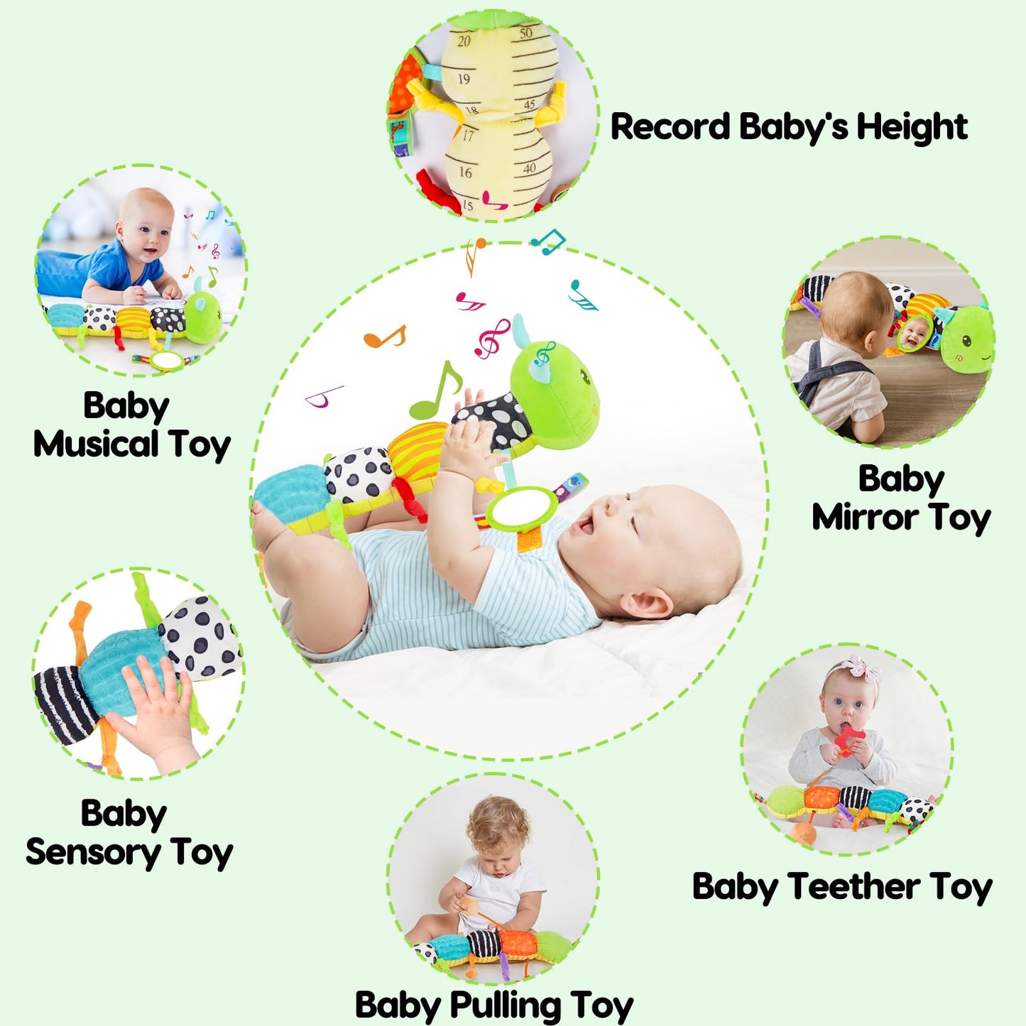 Topsochir Baby Sensory Toys 0-6 Months Music Animal Stuffed Plush Caterpillar Toy for Infant 0-3-6-12 Month Old Tummy Time with Mirror Crinkle Rattle Toys for Newborn Boys Girls Shower Birthday Gifts