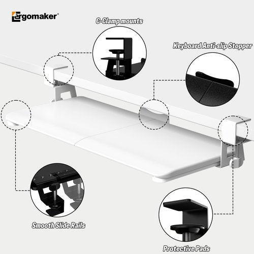 Keyboard Tray Under Desk, Pull Out Keyboard Tray with C Clamp Mount, 25.6" (29.7" Including Clamps) x 11.8" Slide-Out Platform Computer Drawer for Typing, Keyboard & Mouse Tray, White