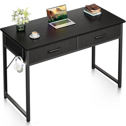 Casaottima 40 Inch Small Office Computer Desk with 2 Drawers & Headphone Hook - Compact Writing Desk for Home Office, Study or Work, Modern Space-Saving Design for Small Spaces, Black
