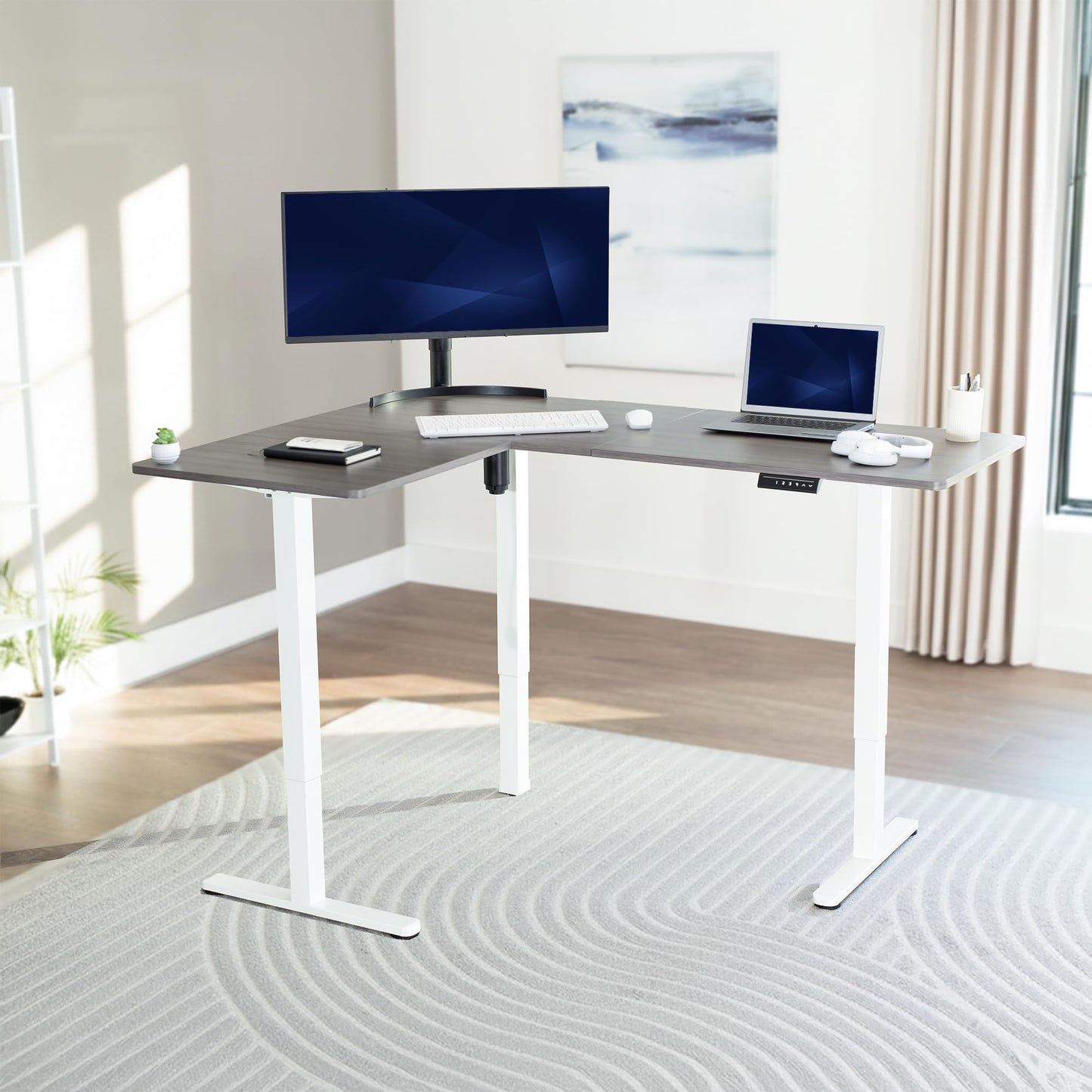 VIVO Corner Standing Desk, 63 x 47 inch Reversible L-Shaped Workstation, Electric Height Adjustment, Home, Office, and Reception Rooms, Dark Gray Table Top White Frame, DESK-E3CTWG-47