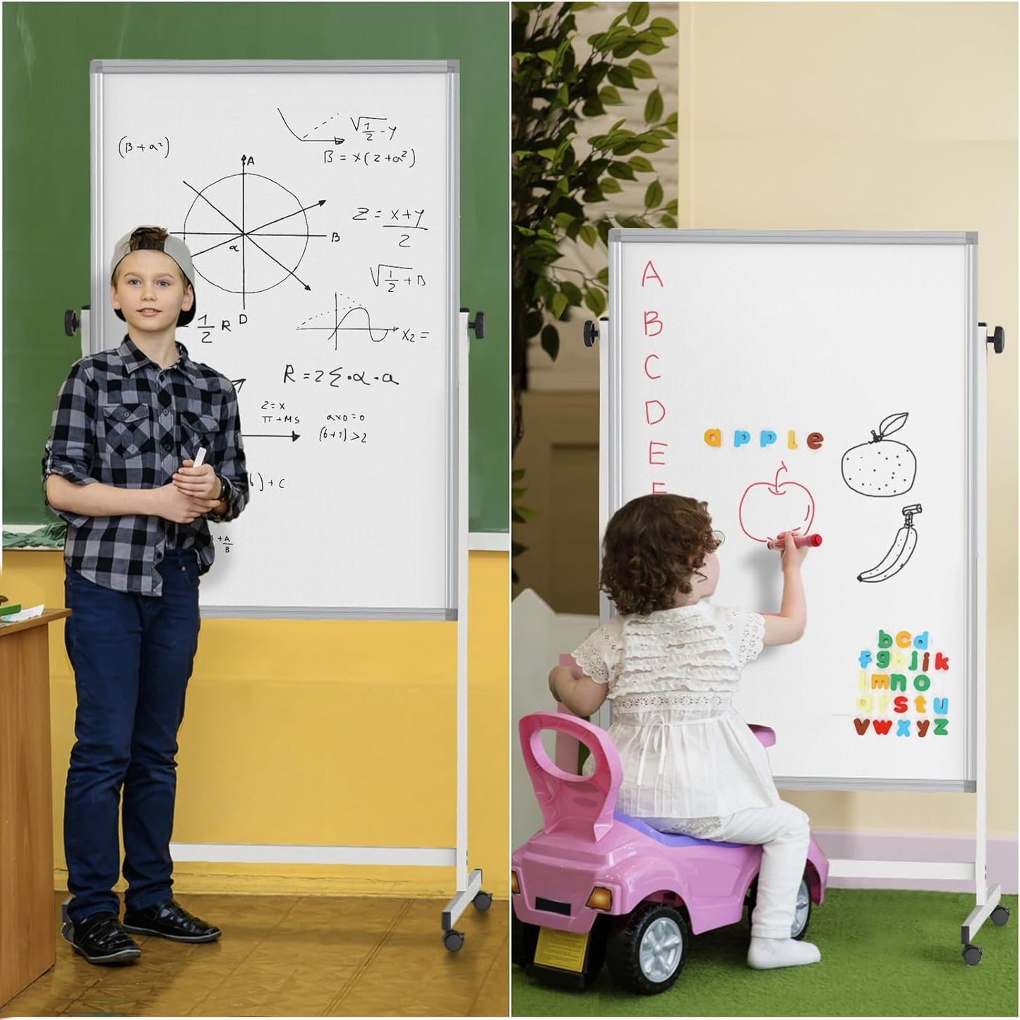 Skiennix Mobile Whiteboard - Double-Sided Magnetic Dry Erase Board on Wheels, 32x48 Inches