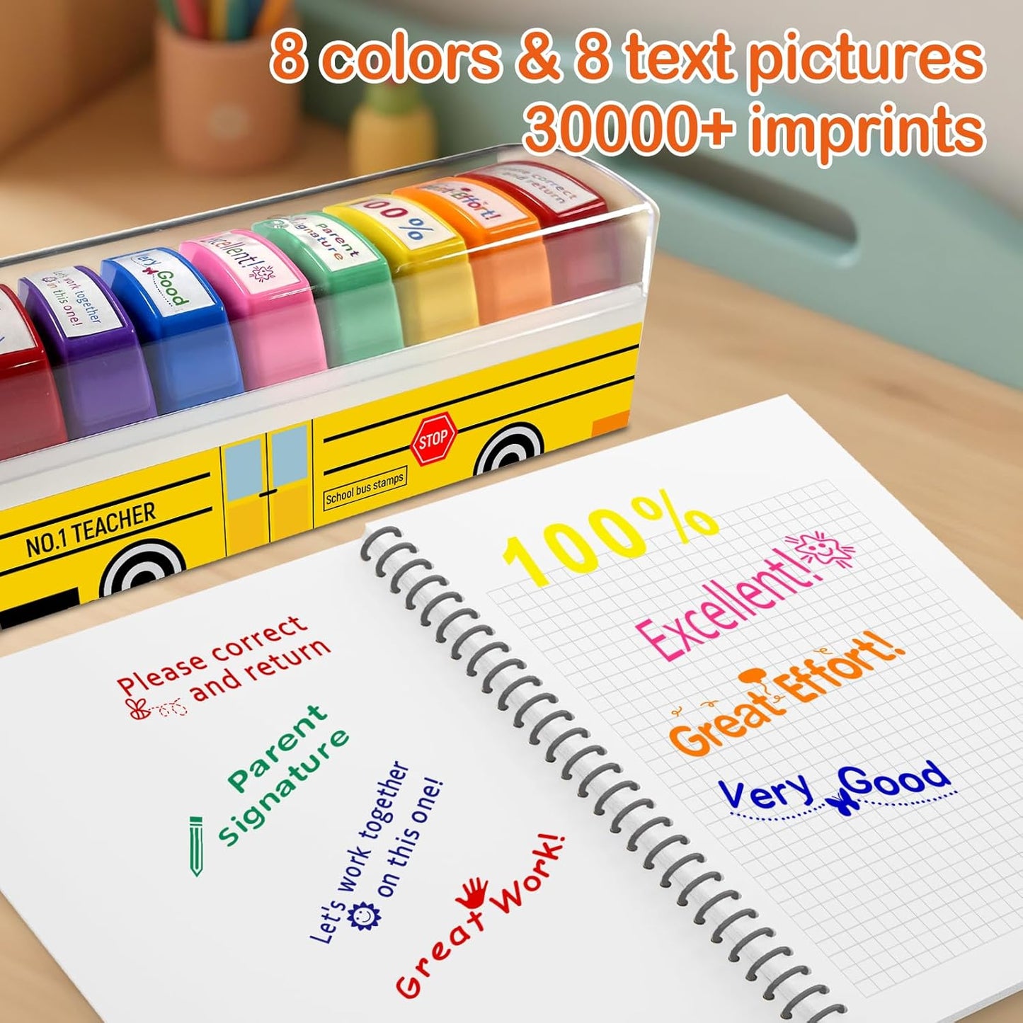 Teacher Stamps - Self-Inking Grading & Motivation Stamps | Perfect Gift for New Teachers (8 Pcs)