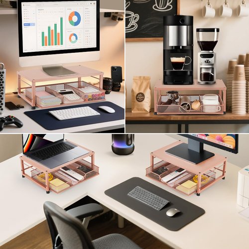Gugsey Small Monitor Stand Riser, Laptop Riser, Metal Mesh Desk Organizer, Desk Top Storage and Organization with Drawer for Computer, Desktop, Printer, Coffee Set and Office Supplies (Bronze)