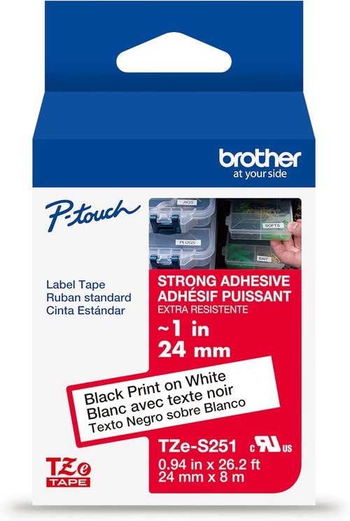 Brother Genuine P-Touch TZe Label Tape - Black Print on White, Strong Adhesive, 1in x 26.2ft