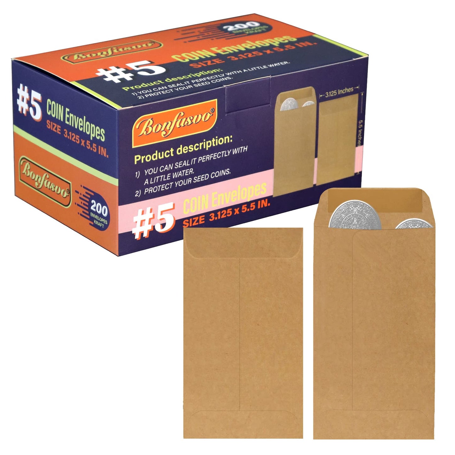 Bonfasvo 200 Pack #5 Kraft coin envelope 3.125 x 5.5 inches Kraft Envelopes Classic Small Parts Envelopes with Self Adhesive Gummed Flap for Coins Cash Credit Cards Seeds