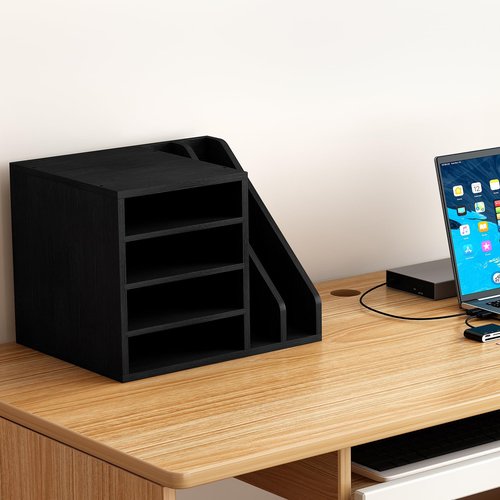 Senhoglb Wood Desk Organizer File Holder, Wooden Mail Organizer Countertop with Adjustable Compartments, Desktop File Organizer Paper Sorter for Home, Office and School, Envelope Organizer, Black