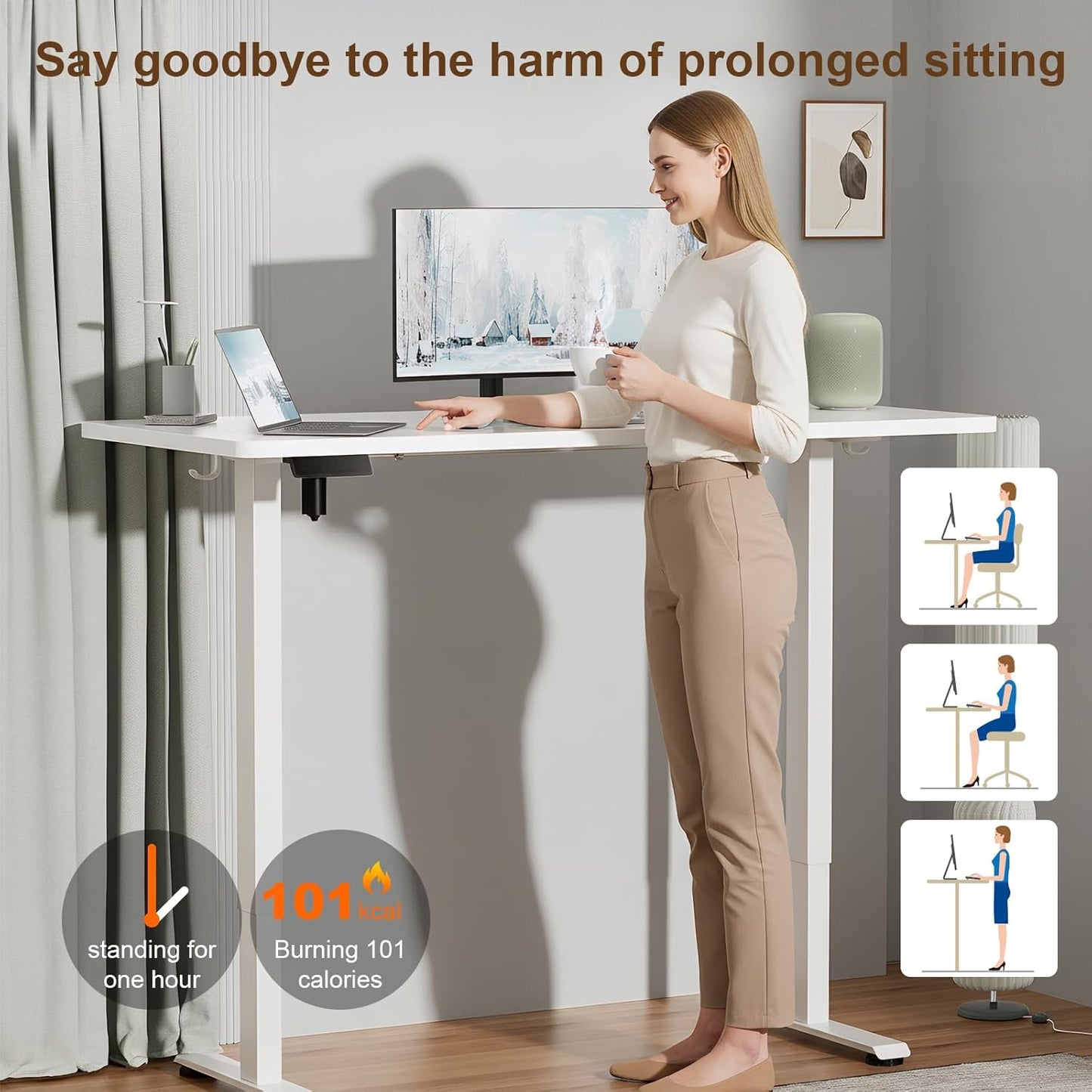 Veken 55-Inch Electric Standing Desk - Height Adjustable Home Office Table | White Wooden Desktop