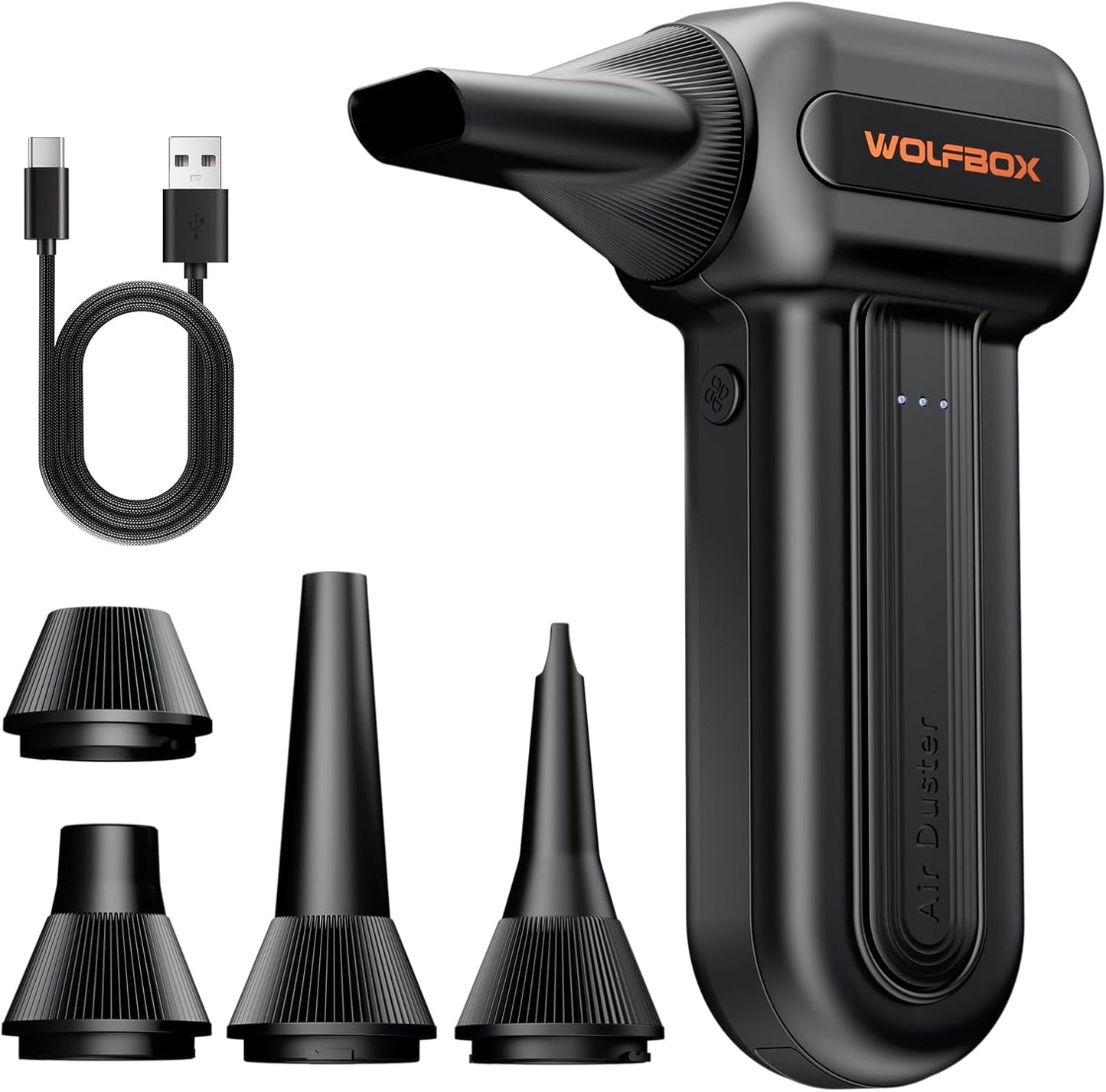 WOLFBOX Compressed Air Duster | 110000RPM Electric Blower with 3-Speed Adjustable Power - Fast Charging, 5 Nozzles for PC & Home Cleaning