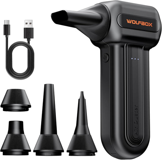 WOLFBOX Compressed Air Duster | 110000RPM Electric Blower with 3-Speed Adjustable Power - Fast Charging, 5 Nozzles for PC & Home Cleaning
