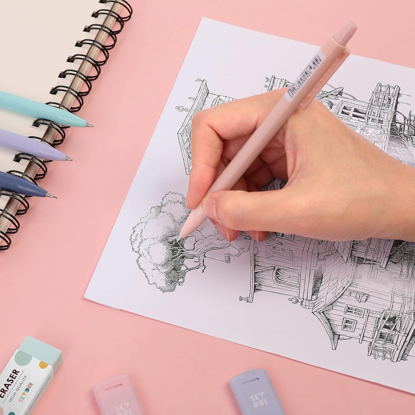 SKYDUE Mechanical Pencils Set - 0.5mm & 0.7mm with 360PCS HB Lead Refills & 4 Pastel Erasers | Aesthetic School Supplies