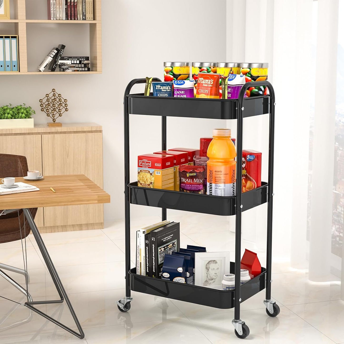 3-Tier Rolling Metal Storage Cart - Multi-Functional Organizer with Wheels for Office, Kitchen, Bathroom | Easy Assembly (Black)