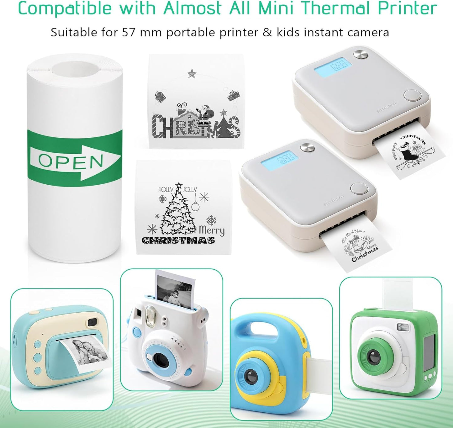 Skiennix Mini Thermal Printer Sticker Paper - 10 Rolls of 57x25mm Self-Adhesive Labels for Instant Cameras