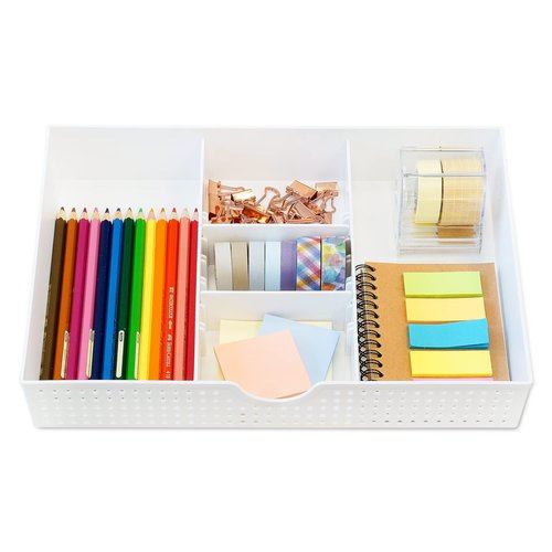 CAXXA 2PK - 3 Slot Drawer Organizer with Two Adjustable Dividers - 5 Compartments Drawer Storage Junk Drawer Organizer for Office Desk Supplies and Accessories, White