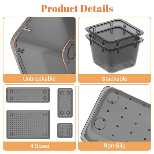 SpaceHacks 15 PCS Clear Plastic Drawer Organizer Set, 4-Size Acrylic Drawer Storage Trays, Storage Bins for Makeup, Gadgets, and Jewelry in Bathroom, Bedroom and Office, Clear Black