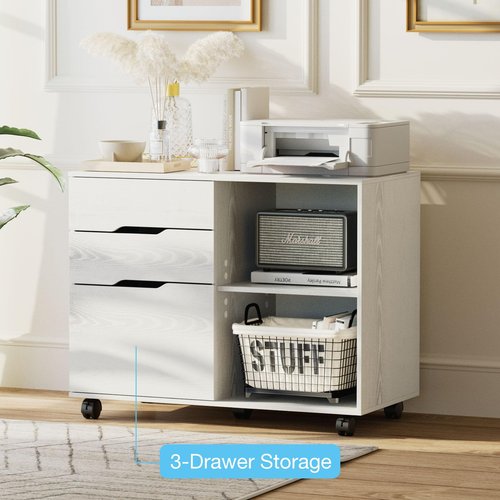 Sweetcrispy 3-Drawer File Cabinet, Lateral Mobile Filing Under Desk Storage Organizer with Wheels, Wood Printer Stand & Open Shelves for Home Office Organization - Natural White