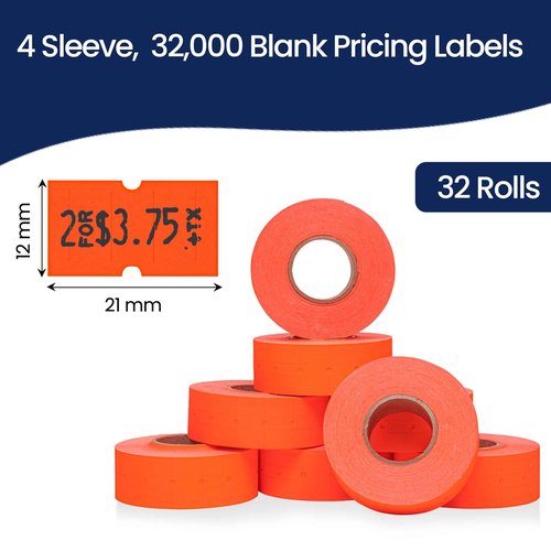 Perco 1 Line Fluorescent Red Labels - 32 Rolls, 4 Sleeves, 32,000 Blank Price and Date Gun Labels for Perco 1 Line Price and Date Guns - Made in USA