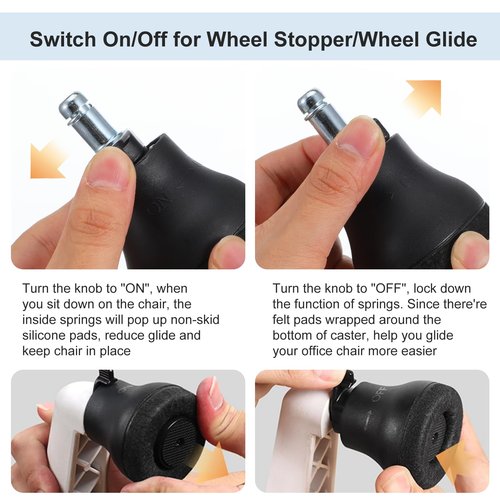 5PCS Bell Glides Replacement Office Chair Feet - Swivel Chairs Stopper & Caster Replacement Feet for Hardwood Floors, On/Off Setting, Stationary Office Chair Glides - Black