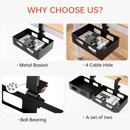 Gaxomo 2 Pack Clamp-on Swivel Organizer, Under Desk Hidden Storage Drawer with Cable Hole, Hanging Metal Basket for Extender Space
