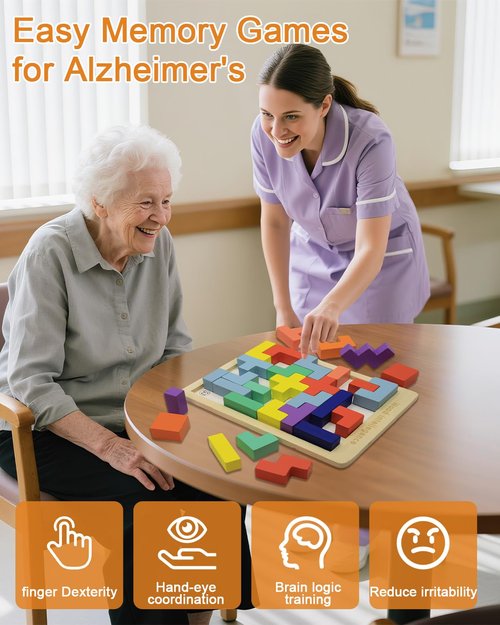 Yigney Dementia Activities for Seniors Wooden Tiles Gifts Geometric Cognitive Products & Training Easy Memory for Alzheimer's Elderly Cognitive Craft Gifts
