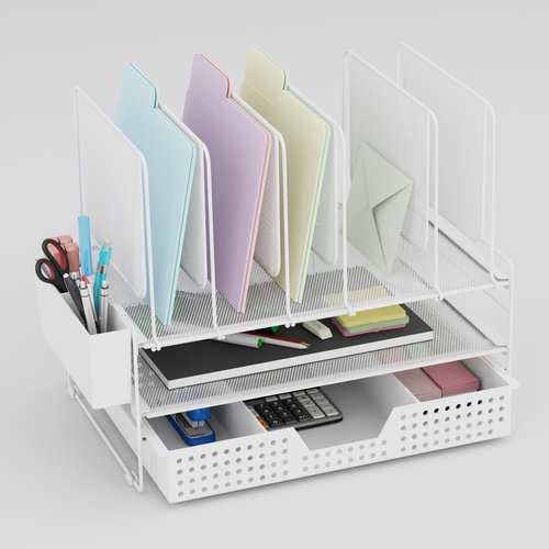 LEKETREE Desk Organizer - Vertical File Holder with Drawer & Pen Holder | White Office Accessories