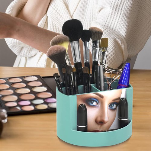 Acrimet Compact Desktop Organizer, 4 Spacious Slots, Round Pencil and Accessories Holder with Photo Slot, Ideal for Office, Art Supplies, Vanity Storage, and Home Organization (Solid Green Plastic)
