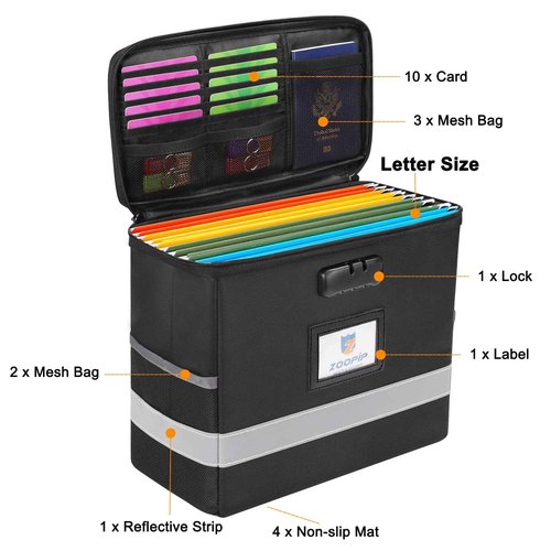 Fireproof File Box with Lock, Document Box Storage Organizer, Suitable for Hanging File Folders in Letter Size, Collapsible File Box, Reflective Strip for Fast Find (12.2"*6"*10.2 (Black, 2Pcs)