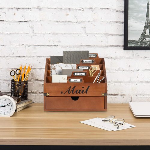 VOOTTOU Wood Mail Organizer Countertop, Desktop Mail Organizer with 4 Compartments and Drawer, Mail Holder File Organizer Wall Mount, Desk Accessories & Workspace Organizers, File Paper Holder