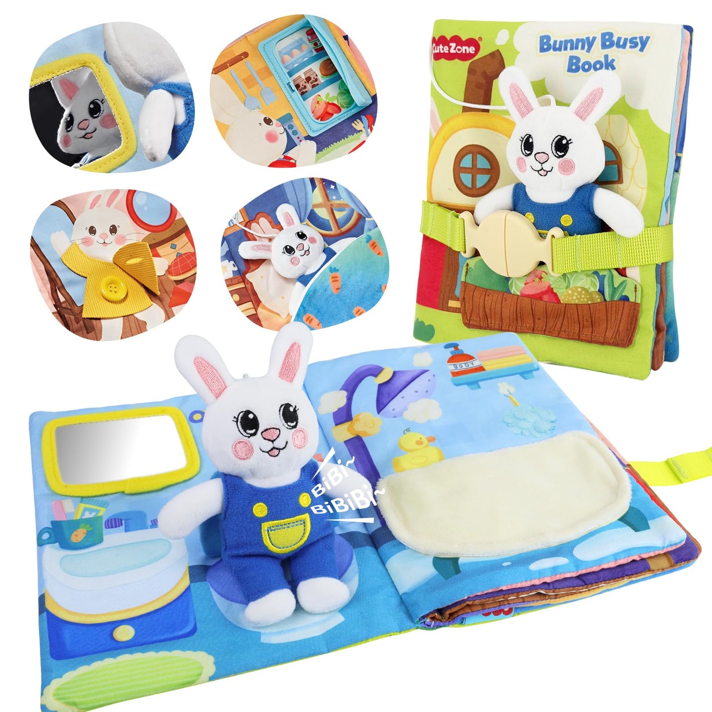 CuteZone Busy Book for Toddlers 1-3, Toddler Travel Toy and Montessori Quiet Book with Attached Bunny, 12 Fine Motor Activities Gifts for 1 Year Old Boys Girls Birthday Gift