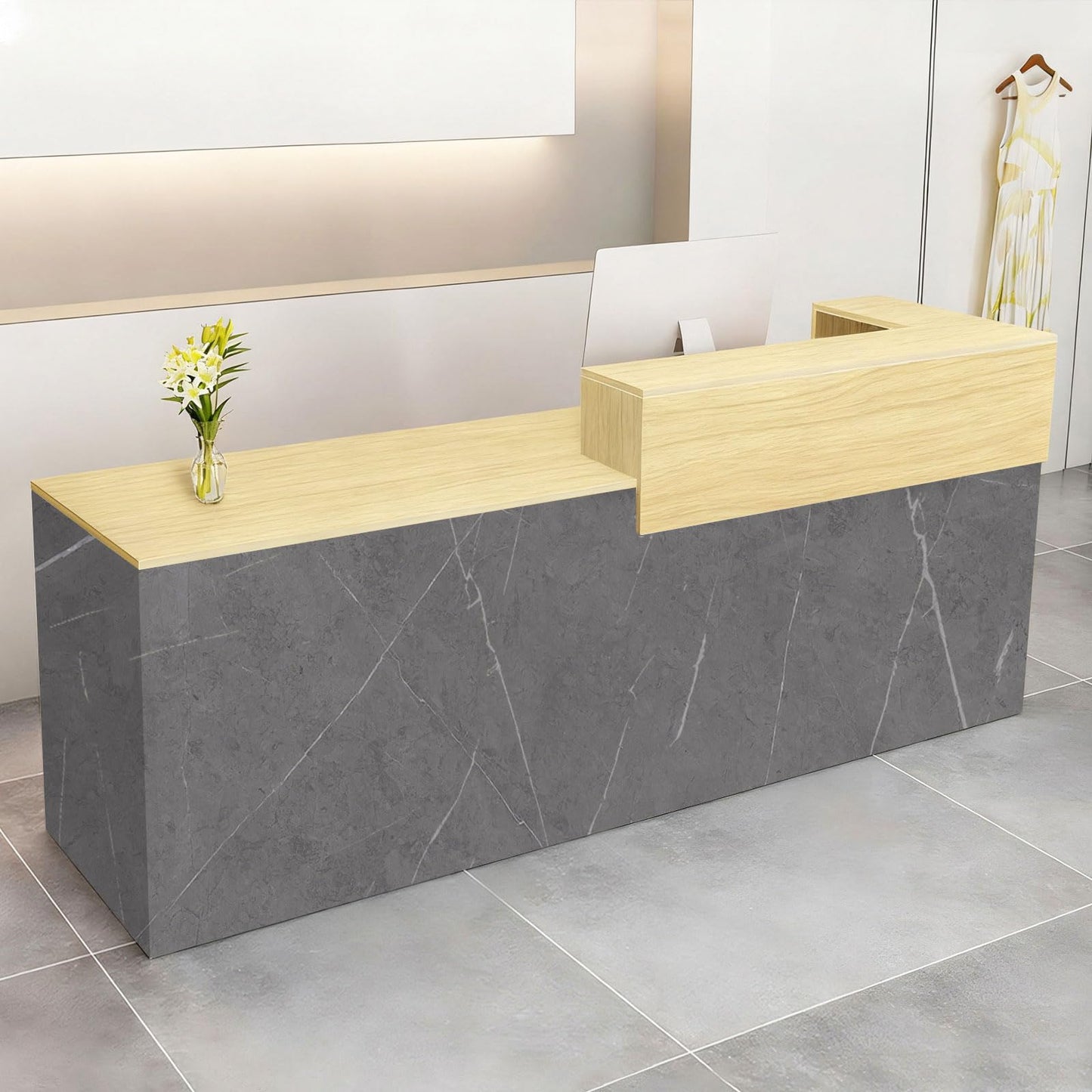 Modern Reception Desk with Drawer & Open Shelves, 39-95 Inch Front Counter Table, Computer Workstation Suitable for Salons, Offices, Lobbies, Retail Stores and Home Offices