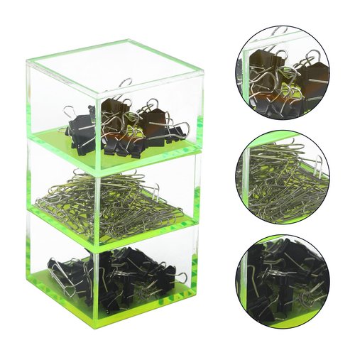 Acrylic Paper Clip Holder Stackable Paperclip Holders with Lid for Desk Small Office Supply Storage Boxes, Pack of 3, Neon Green