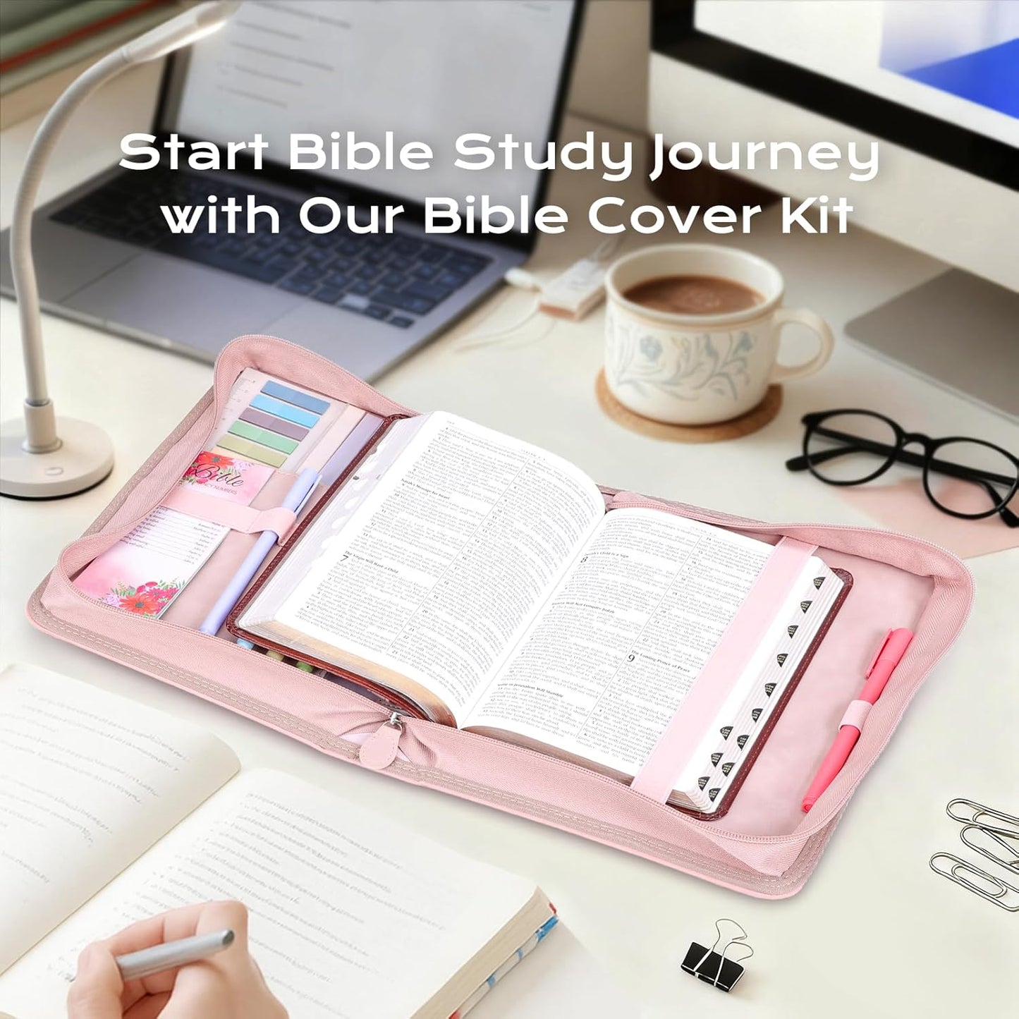 XKDOUS Bible Cover Kit - 24 Pcs Large Church Bag with Study Supplies, Leather Case for Women