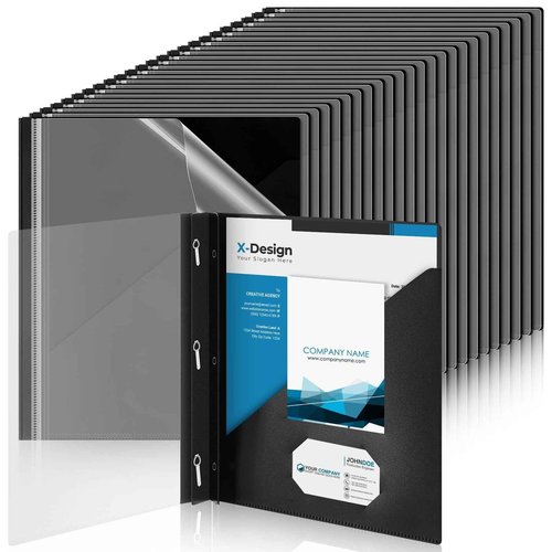 Teling 48 Pack Clear Front Report Covers with 3 Prongs Fasteners, 11.42 x 9.45 Inch Plastic Presentation Folders Bulk, 90 Sheet Capacity, Book File Covers for Office School Business, Black