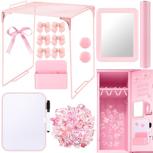 Watersay 115 Pcs Pink Locker Accessories Kit Foldable Locker Shelf Decorations for Girl Pink Bow Pen Holder Magnetic Mirror Coquette Stickers Background Whiteboard Ribbon Back to School Essentials