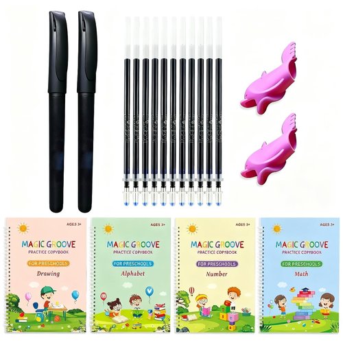 Magic Grooved Writing Practice | Reusable Handwriting Workbooks for Kids 3-8 | Large 10.3" x 7.2" (4 Books + Pens)