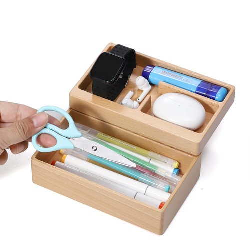 beheart Valet Tray Box, Beech Wooden Storage Box with Magnetic Rotating, Office Desk Daily Supplies Organizer
