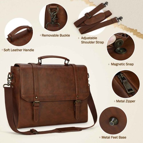 IGOLUMON Messenger Bag for Men 18 inch Vintage Leather Waterproof Laptop Briefcase Large Computer Laptop Bag Leather Satchel Bag Retro Shoulder Bag for Office Business Travel College, Brown