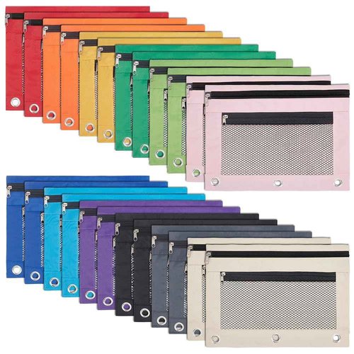 CUTHOLLOW Pencil Pouch for 3 Ring Binder, Bulk 24 Pack Mesh Zipper Pencil Case Bags in Assorted Colors - Sturdy and Durable Cloth Pencil Holder