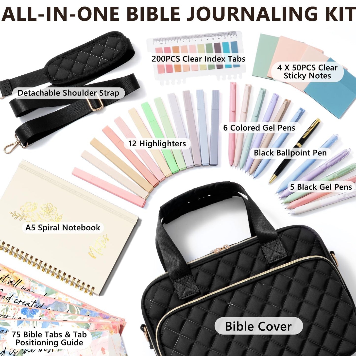 Bible Cover Case for Women, Large Bible Bag Bible Study Supplies Accessories Journaling Kit with Highlighters Tabs, Quilted Book Carrying Cases with Shoulder Strap, Christian Easter Gifts for Women