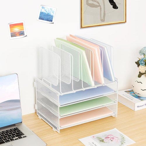 ORDROLL Desk Paper Organizer with Handle,3 Tier Letter Trays with 5 Vertical File Holder,Paper Storage,White Mesh Desktop Organizer for Classroom,Home or Office