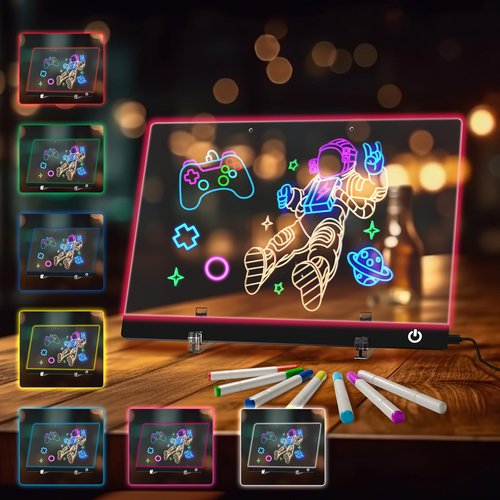 ITENGHUA Led Note Board with Colors 13.7"X10", Acrylic Dry Erase Board with Light, Doodle Glow Drawing Board with 7 RGB Colors, 5 Modes, Touch Control, LED Drawing Board for Kids with Stand, 7 Markers