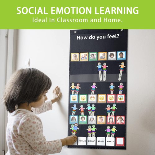 Boczif Emotions Feelings Pocket Chart - 24 Cards for Social Emotional Learning | Classroom Decor (Black)